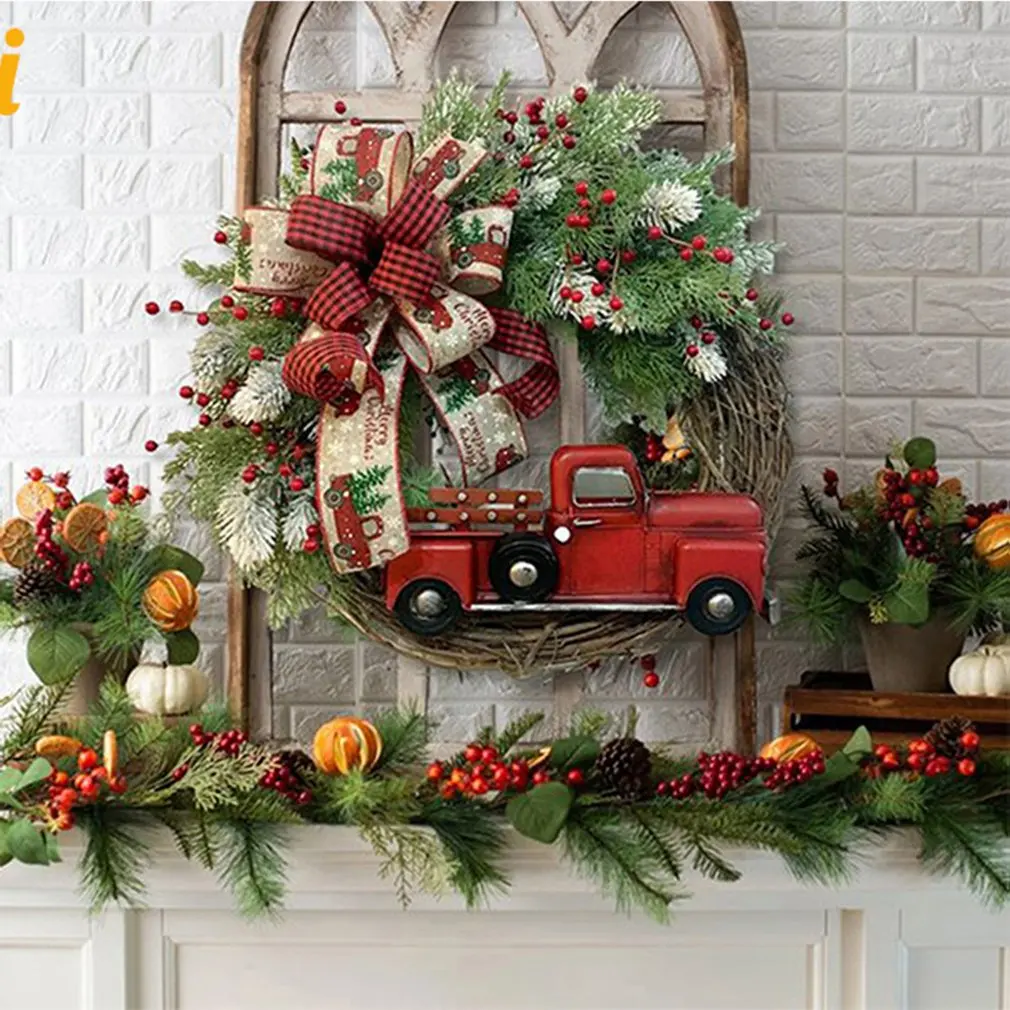 2024 Christmas Wreath Red Truck Front Door Wreath Vintage Farm Wreath With Pine Cones Fall Wreaths For Thanksgiving Xmas Decor