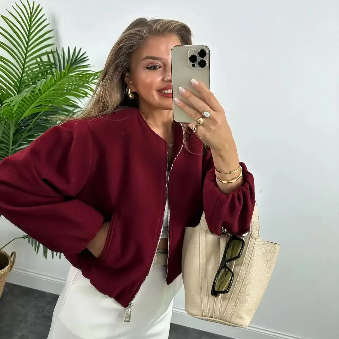 New Women's Fleece Bomber Jacket Zipper Long Sleeve Cropped Sports Outerwear