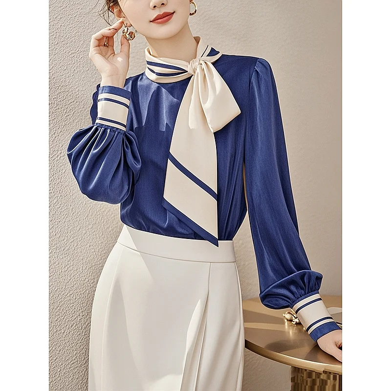 

2025 Spring and Autumn New Temperament Cardigan Top French Bow Tie Long Sleeve Button Shirt for Women