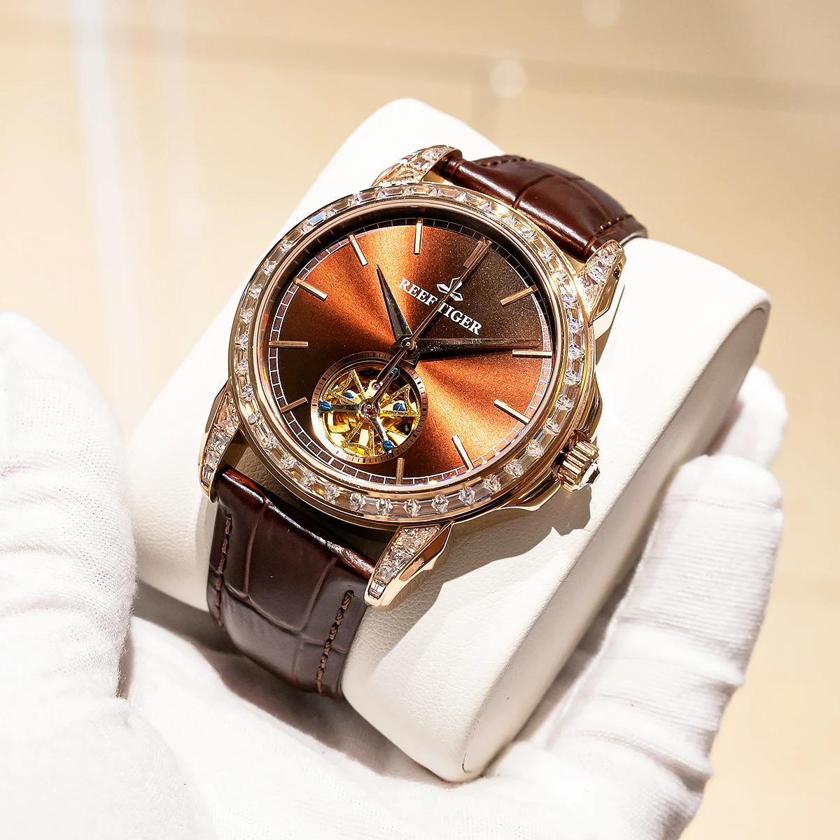 Reef Tiger Men Automatic Watch 42.7mm Mechanical Wristwatch Luminous Skeleton Flywheel Dial Crystal Bezel Sapphire Mirror