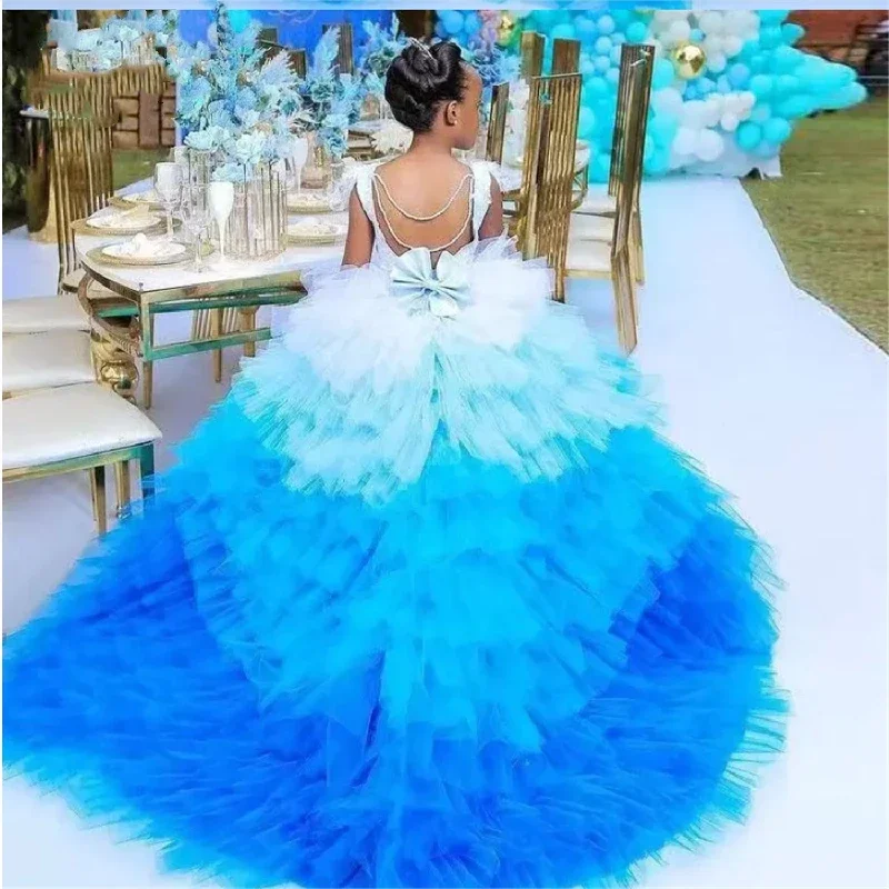 Vestido de flor sem mangas inchado, Comprimento do chão, Ruffles Skirt, Vestido de penas para crianças, Vestido de comunhão para criança