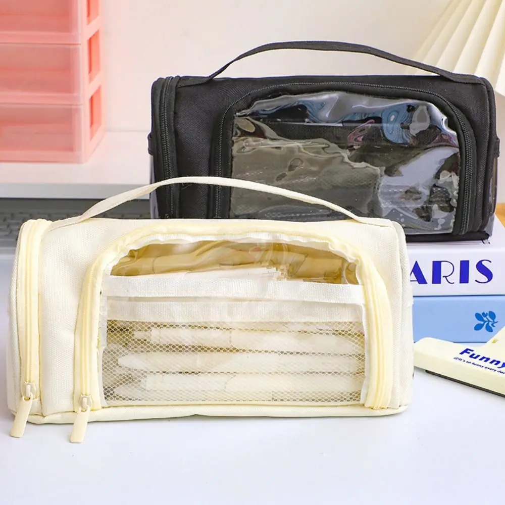 Canvas Transparent Pencil Case Dirt Resistant Multi-functional Large Capacity Pencil Bag Korean Style Portable