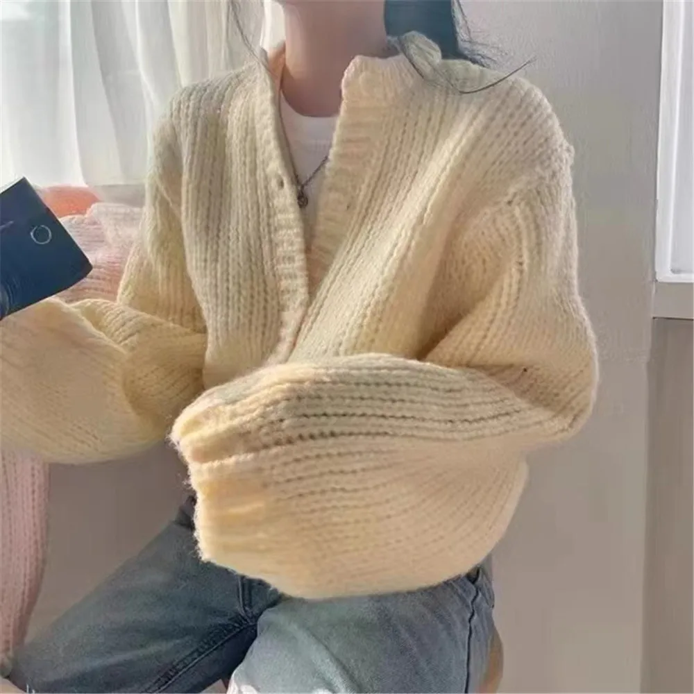 Fashion Korean Autumn Winter Women Single Breasted Knitted Coats Crochet Jackets Ladies Oversized Cardigan New Outwear Sweaters