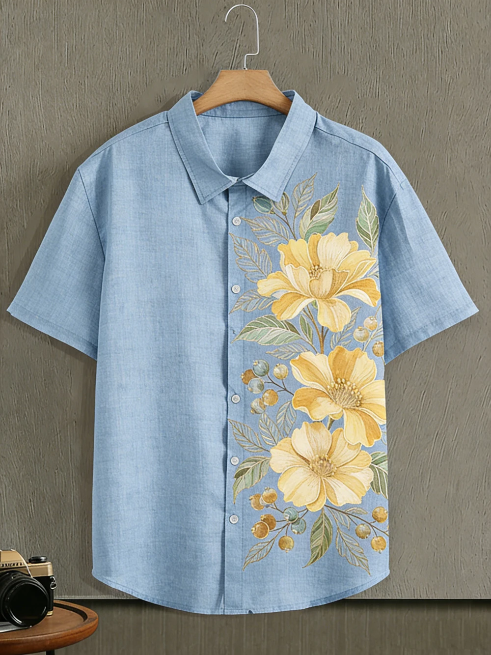 Men's summer short-sleeved lapel shirt with flowers and plants HD 3D printing color shirt outdoor casual holiday party top's men
