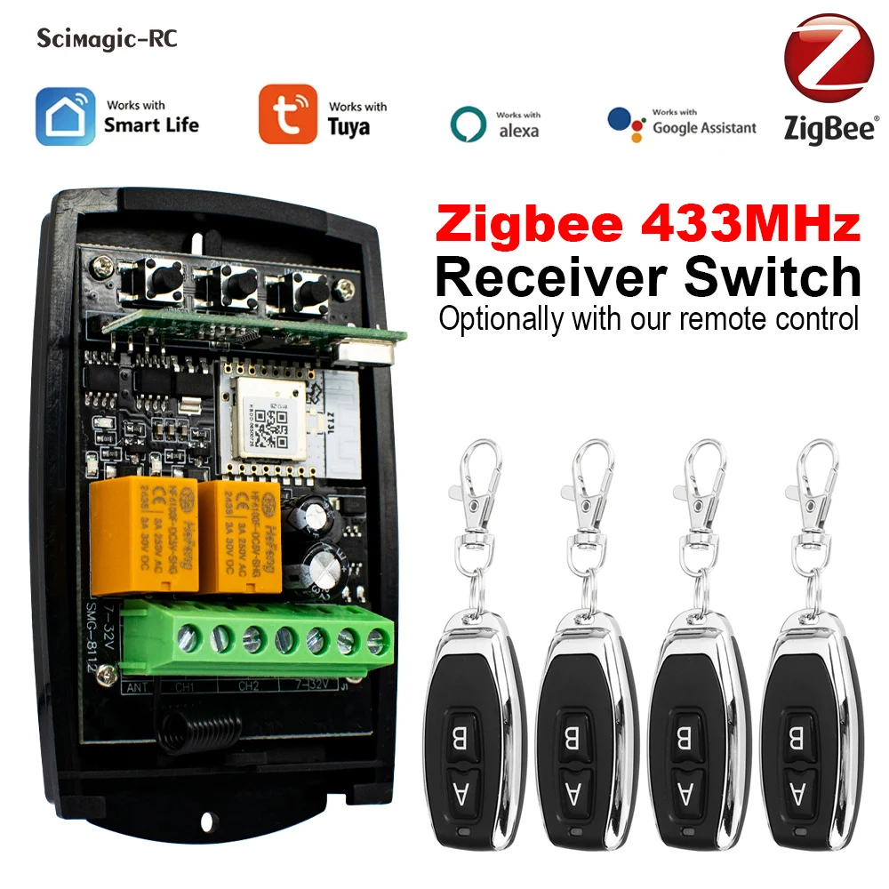 Zigbee Smart Garage Door Receiver 2CH ACDC 7-32V AC85-250V Relay Module Gate Remote Control Switch RF433 Opener Alexa Need Hub
