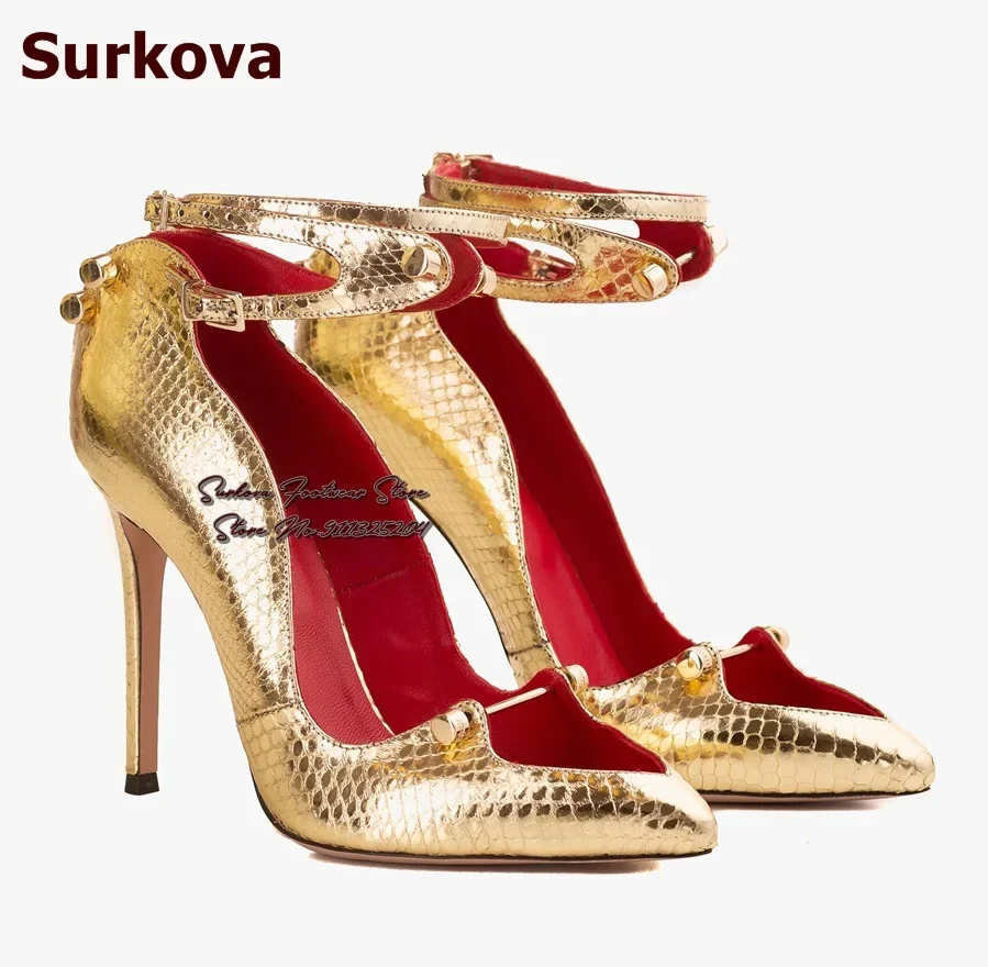 

Surkova Gold Snakeskin Stiletto Heel Dress Shoes Metal Studded Decoration Banquet Pumps Shallow Cut Ankle Buckle Strap Heels