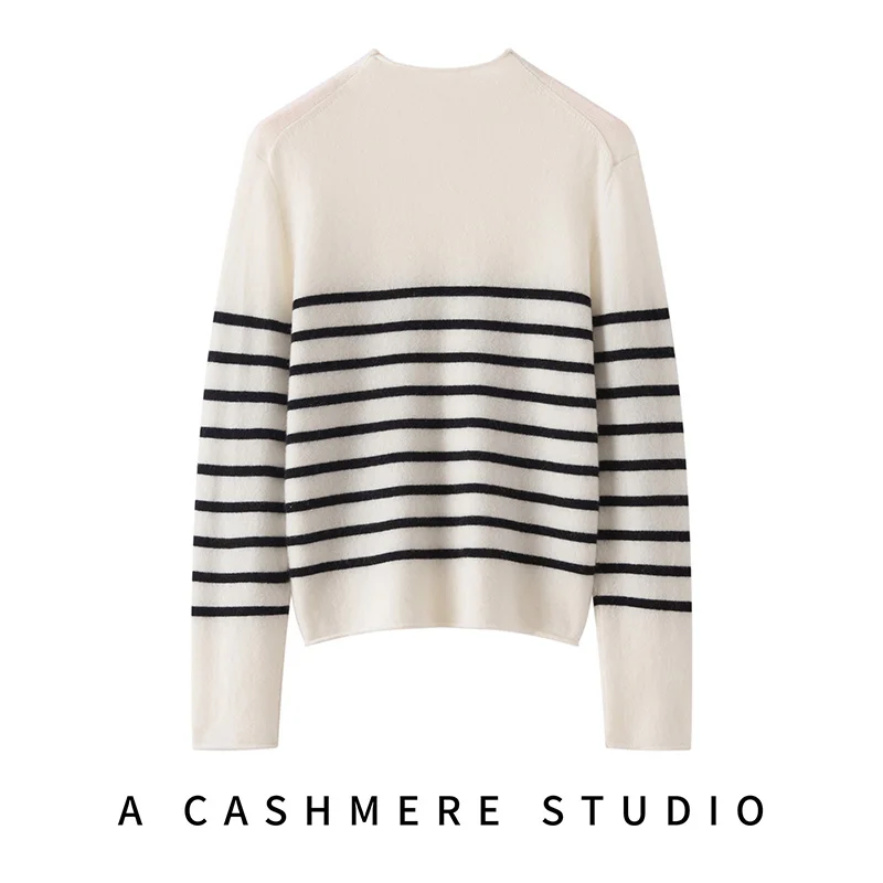 

Women's 100% Cashmere Sweater round Neck Pullover Knitted Striped Casual Loose Base Shirt Autumn Winter Rolled Edge