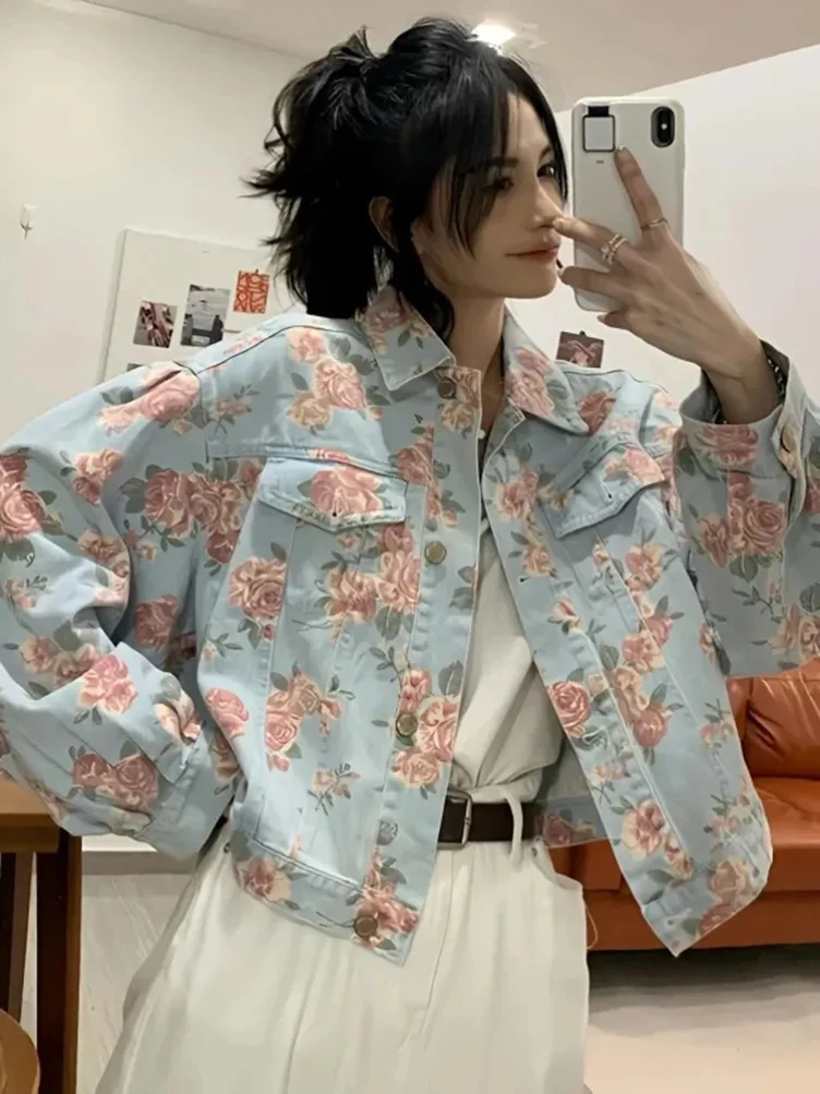 New Vintage Rose Floral Denim Jackets Women Korean Loose Elegant Short Coat Sweet Long Sleeve Casual Lady Retro Harajuku Tops