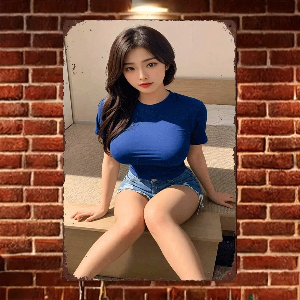 HD Tin Sign Vintage Asian Babe in Blue T-Shirt & Denim Shorts Metal Wall Decor