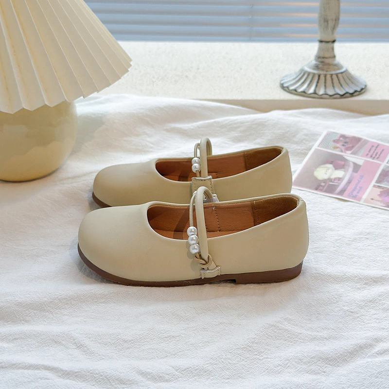 Girls Casual Leather Shoes Soft Princess Sweet Kids' White Pearl Beading Mary Jane Flats Non-slip Soft Classic Spring Autumn New