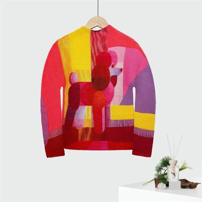 Dog Printting Fashion Design Women's Pleated T-shirt High Elastic Slim Fit Inner Pullover Top Stand Collar Long I8YT