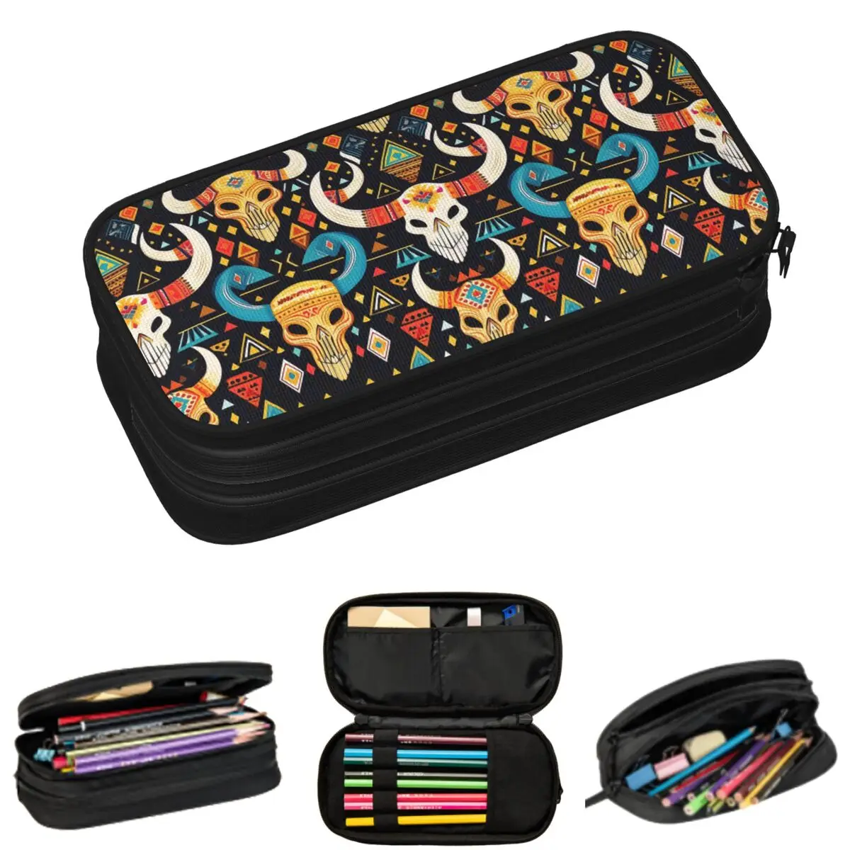 

Bull Skull Tribal Aztec Bone Ethnic Pattern Pencil Cases for Student Gifts Pen Box Pencil Bag Large Capacity Pencil Pouch