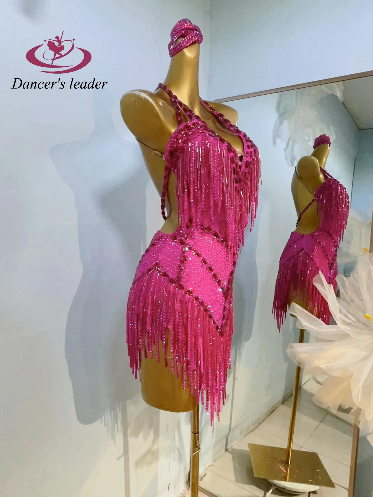 Latin Dance Costume, Rhinestone Women's Clothing, High-end Customized Rose Red Gemstone Samba Dance Dress, Performance Dress