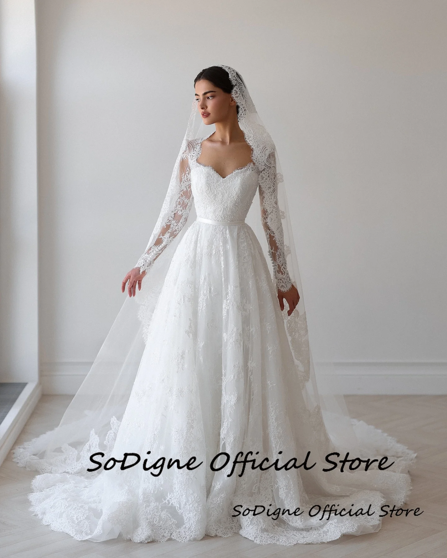 SoDigne A-line Lace Wedding Dress Sweetheart Full Sleeves Bride Dresses 2026 Long Bridal Gowns Vestidos De Novia Customized