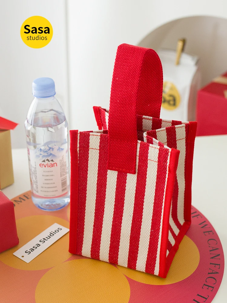 Thickened Canvas Plaid Portable Handbag Large Capacity Outing Gift Bag Storage Bag Neutral Vertical Square Shape Casual Style