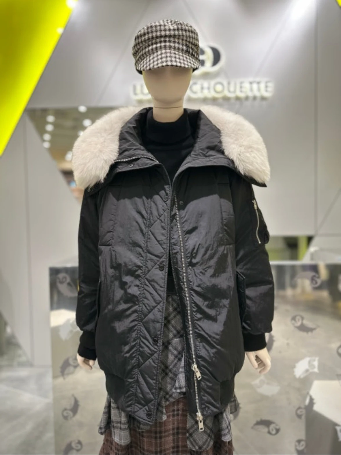 

Lucky Fur Collar Goose down Jacket Korean Style Long Sleeve Warmth Women's Coat Ambient Small Audience Lazy Style