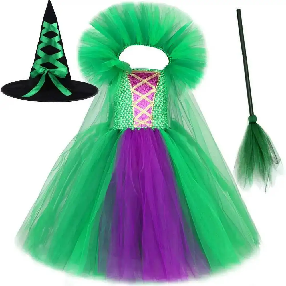 

Girls Witch Halloween Costumes for Kids Hocus Pocus Long Tutu Dress with Cloak Broom Hat Children Carnival Full Length Outfit
