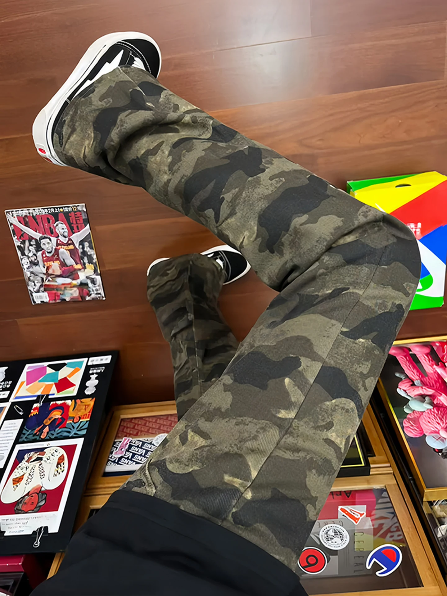 

American Style Camouflage Cargo Pants Men's High Street Autumn Bell Bottom Straight Leg Jeans CleanFit Workwear Casual Trousers