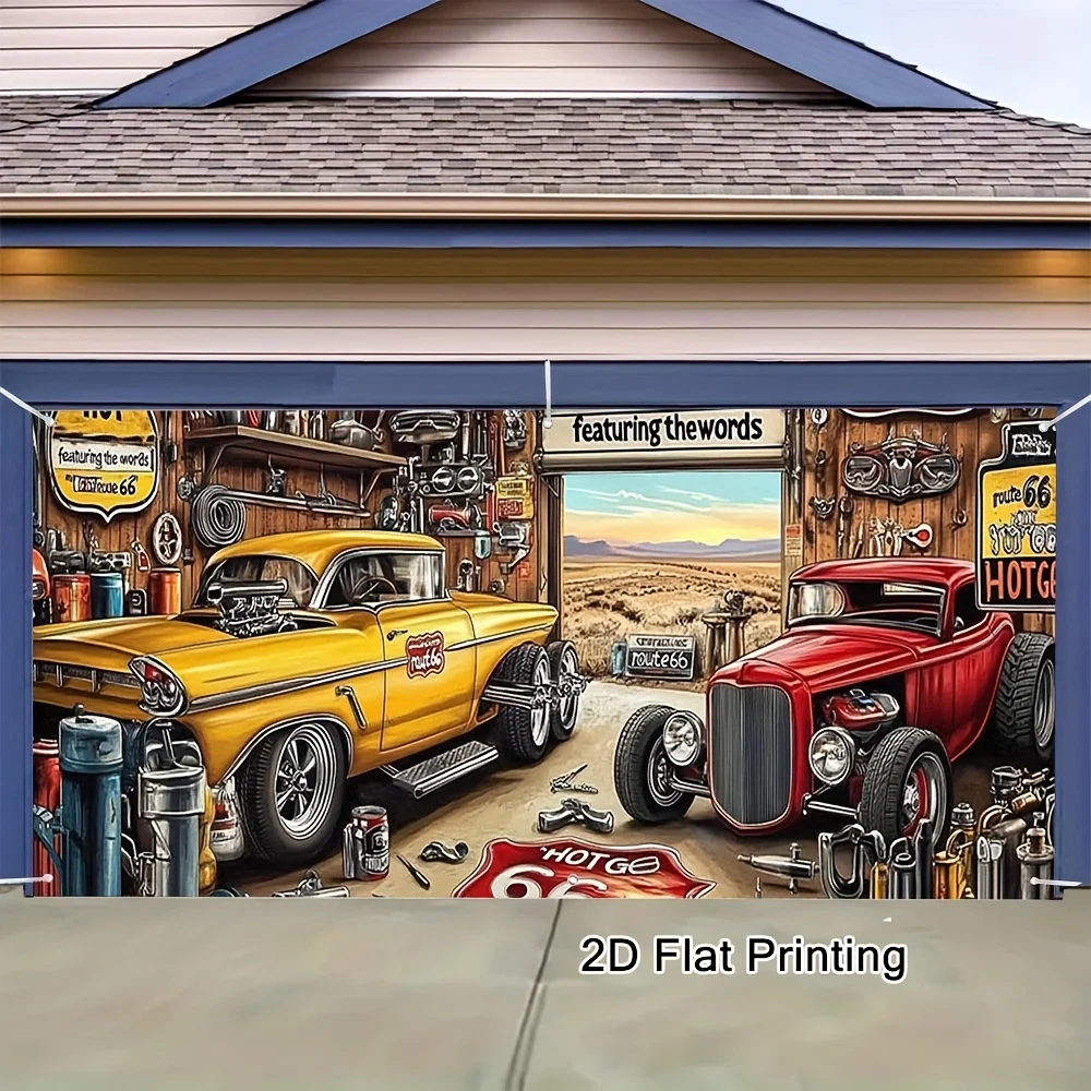 A 2D flat-printed retro Route 66 modified car garage art garage door banner, with seasonal fashion designvDJH