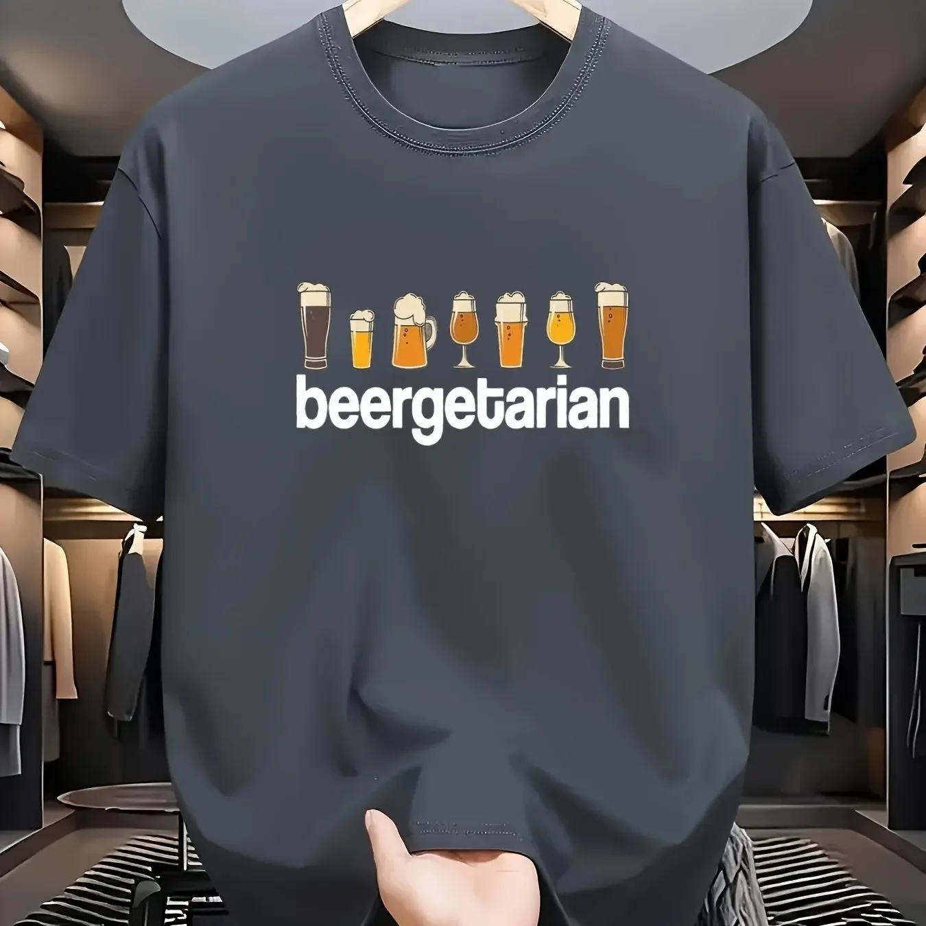 Men Cotton Funny Vegan Beer Lover T-Shirt BEERGETARIAN Print with Beer Mugs Vegan Symbol Navy Blue Crew Neck Casual Tee