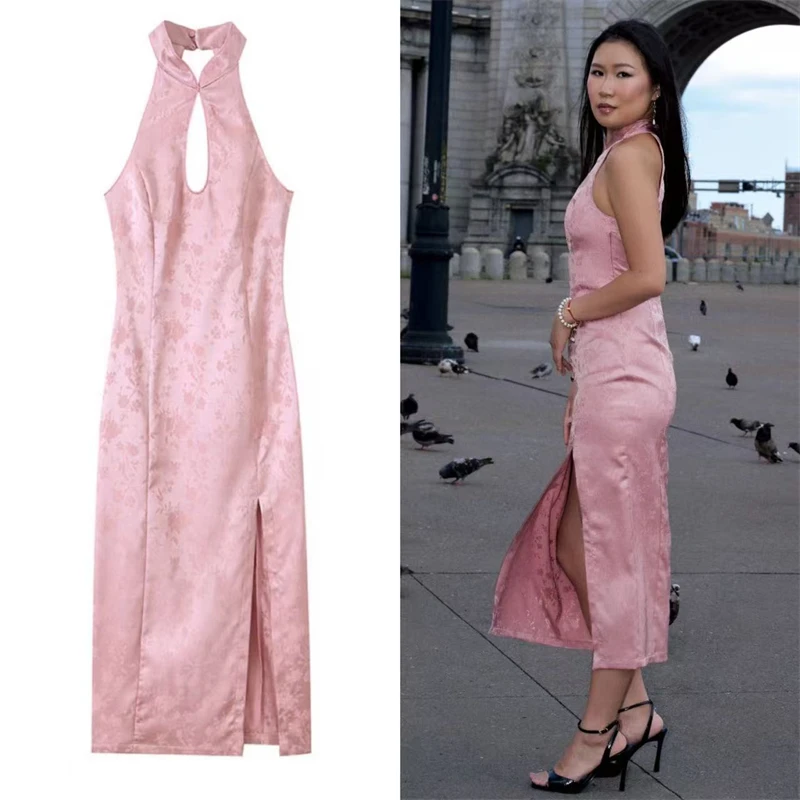 Guobioziy 2026 New Pink Halter Long Dress for Women, Satin, Sleeveless, Front Cutout, High-Slit Bodycon, Perfect for Parties