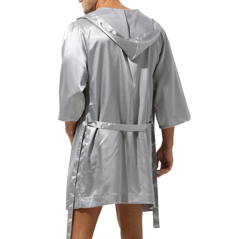 Men Bathrobe Pajamas Nightgown Hooded Loose Satin Silk Sleepwear Cardigan Gown Bath Robe Nightwear Sleep Bottoms 