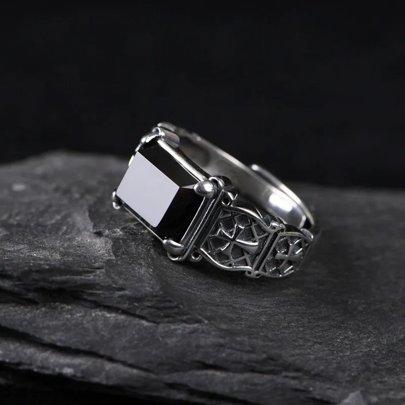 Adjustable Thai Silver Cross Ring Vintage Black Agate Ring Handmade Trendy Versatile Men Finger Jewelry KOFSAC