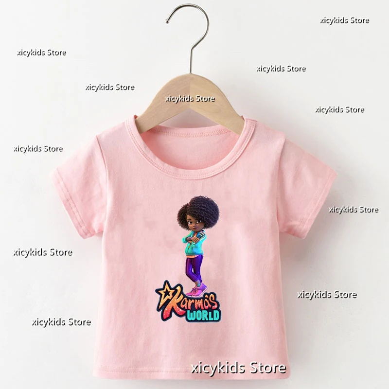 

T-Shirt For Girls Animation Tv Series Karma'S World Cartoon Print O-Neck Tshirt Summer Fashion Kids T-Shirt Girl Pink Shirt Tops