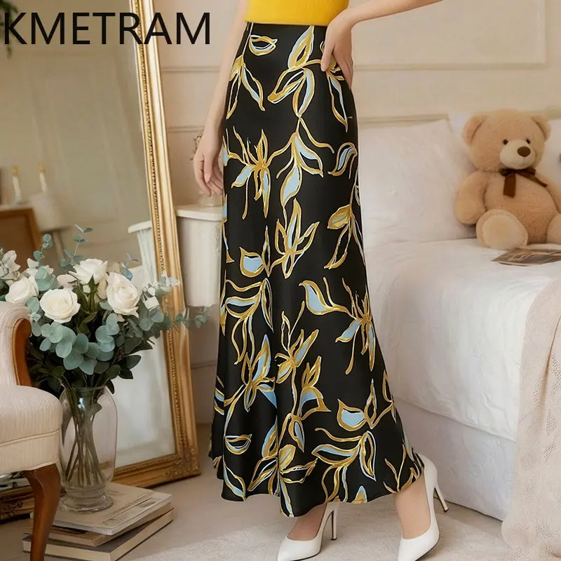 KMETRAM Vintage Floral Print Skirts for Women Elegant Long Bodycon Skirt Summer Vacation Skirts 2026 Woman Clothes юбка женская