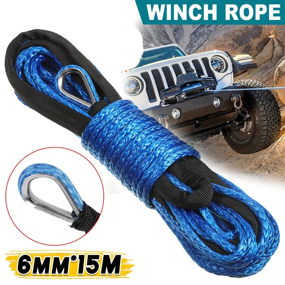 Winch Rope 6MM X 15M Synthetic Cord Hook Winch Cable Line Car Tow Recovery Cable 4WD SUV ATV Boat