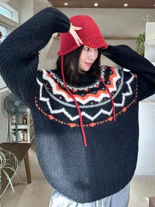 

Thiened Long Sve Knitted Sweater Women's Faion Autumn Winter Vintage Gentle Fair Isle Color Blo Flower Patterned Swe...