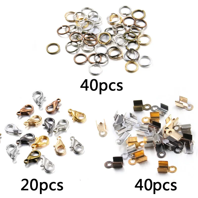 100Pcs 7 Color Hypoallergenic Alloy Lobster Clasp Jump Ring Leather Clip Tip Fold Crimp Kit For DIY  Bracelet Necklace Making