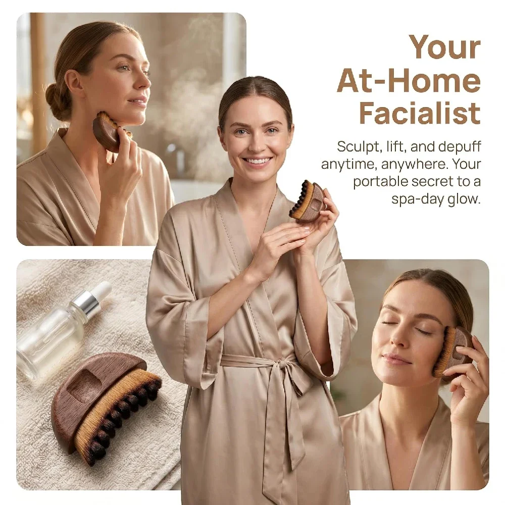 1Pcs Face Sculpting Brush, Wooden Handle Lymphatic Facial Massager Soft Bristles for Neck Jawline Contour