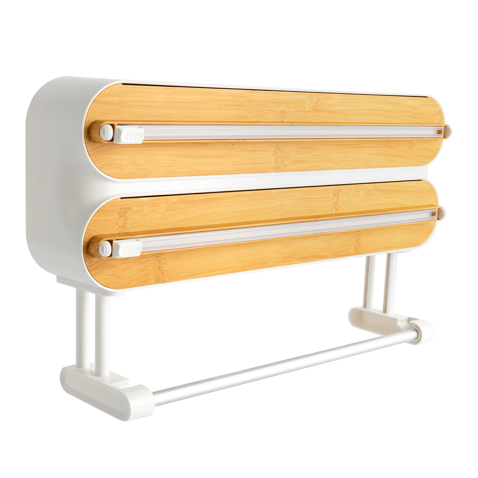 Dispensador Magnético 3 en 1 de Papel de Aluminio y Film Transparente, Soporte de Pared con Textura de Bambú para Toallas de Papel de Cocina con Cortador Deslizable Oculto, Instalación Adhesiva y
