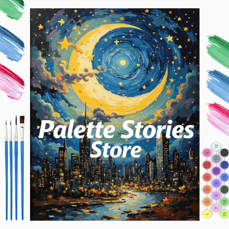 

Frameless 1pc Paint by Number Kit, Night Sky Cityscape in Blue & Golden - Stunning Starry Night Inspirational Paint by Number K