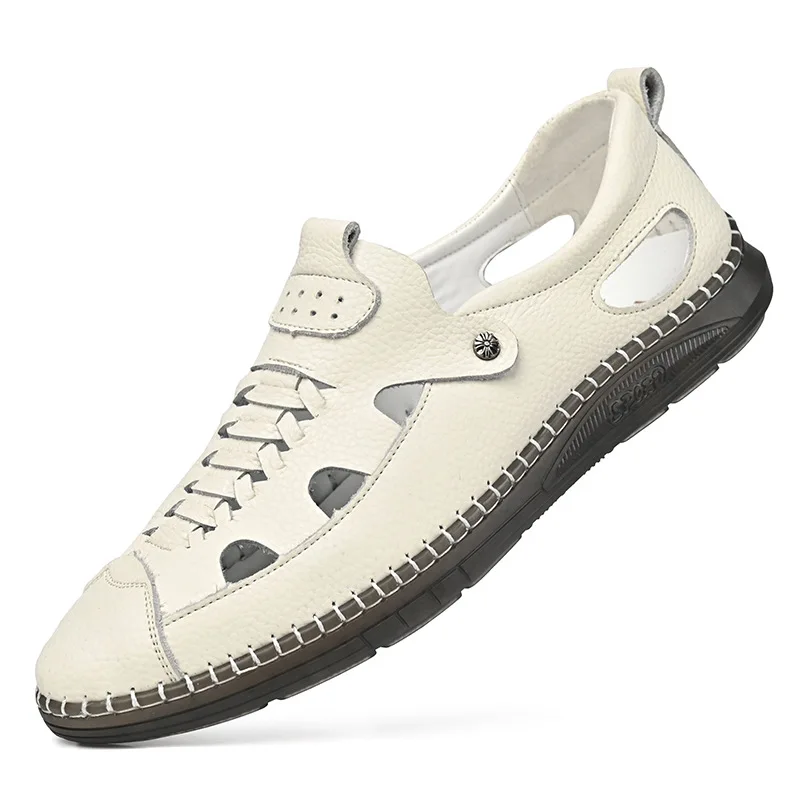 Men Handmade Cowhide Hollowout Leather Sandals Breathable Outdoor Casual Sport Beach Footwear Trendy Hollow Out Men Flat Sandals