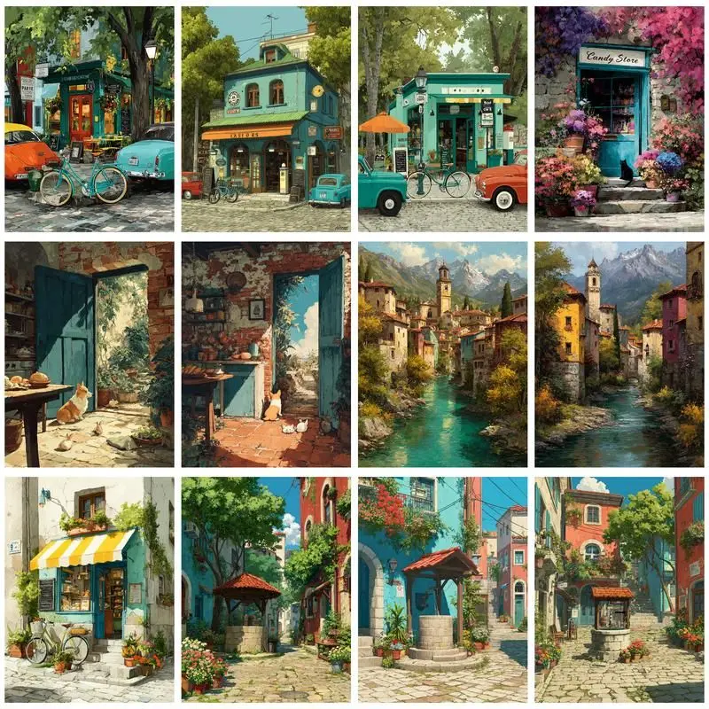 

CHENISTORY Painting By Numbers Tower Landscape DIY Frame Paint By Numbers Street On Canvas DIY Scenery Home Decoration