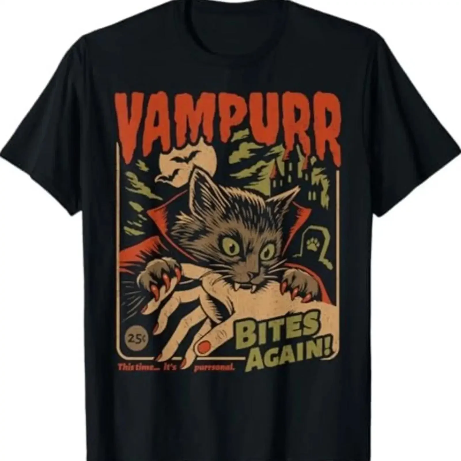 Vampurr Bites Again Funny Cat Halloween Vintage T Shirt vintage Washed Breathable fashion Versatile designer clothes Unisex