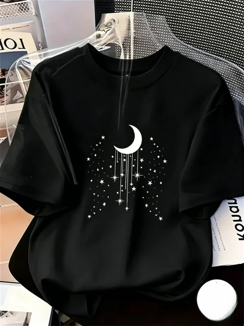 Summer Women's Fashion Print Tee with A Moon and Star Pattern on The Short Sleeve Round Neck Women's Casual Daily Funny Clothing