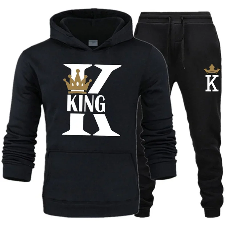 2024 New Autumn and Winter Men\'s and Women\'s Sweater Set KING QUEEN Loose Relaxed Hooded Print Couple Set