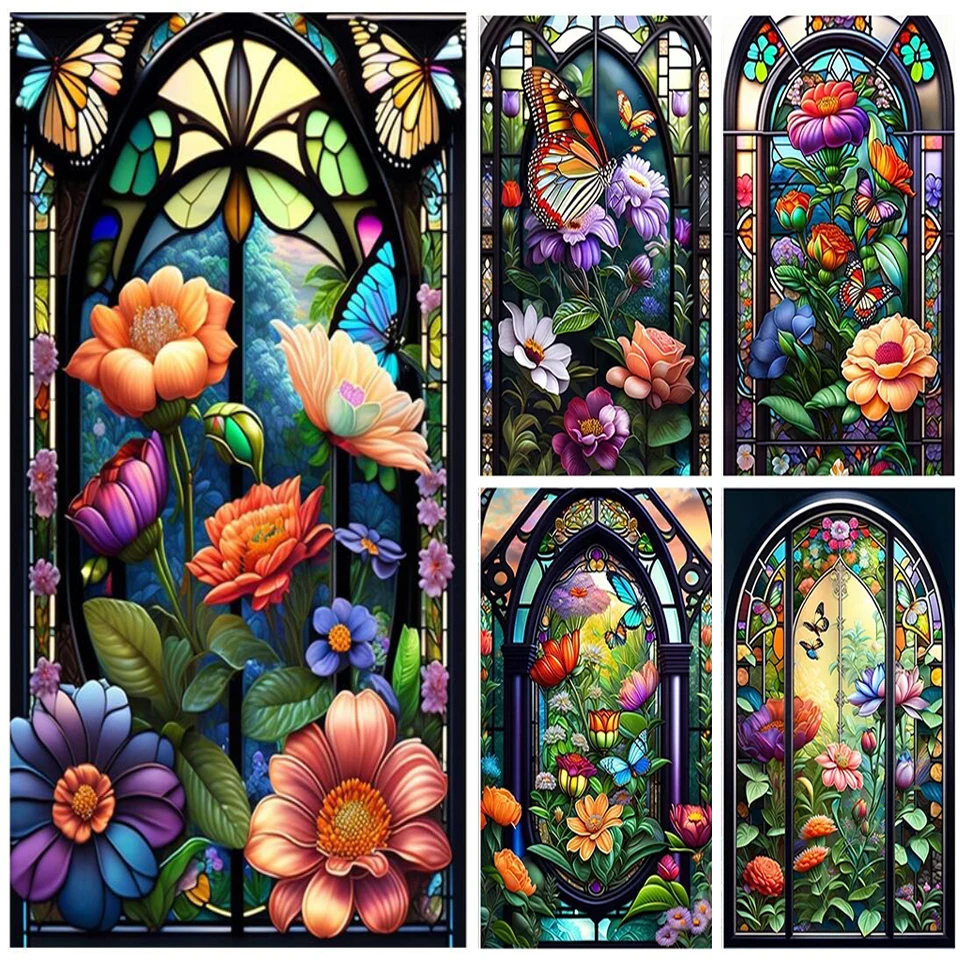 5D DIY Glass Window Flower Butterfly Full Square Round Drill Diamond Painting Kit Home Decor Cross Stitch Rhinestones YY6819