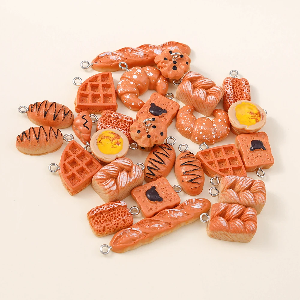 10Pcs Cute Food Cake Waffle Croissant Bread Charms Pendant For Handmade Bracelet Necklaces DIY Jewelry Making Accessories