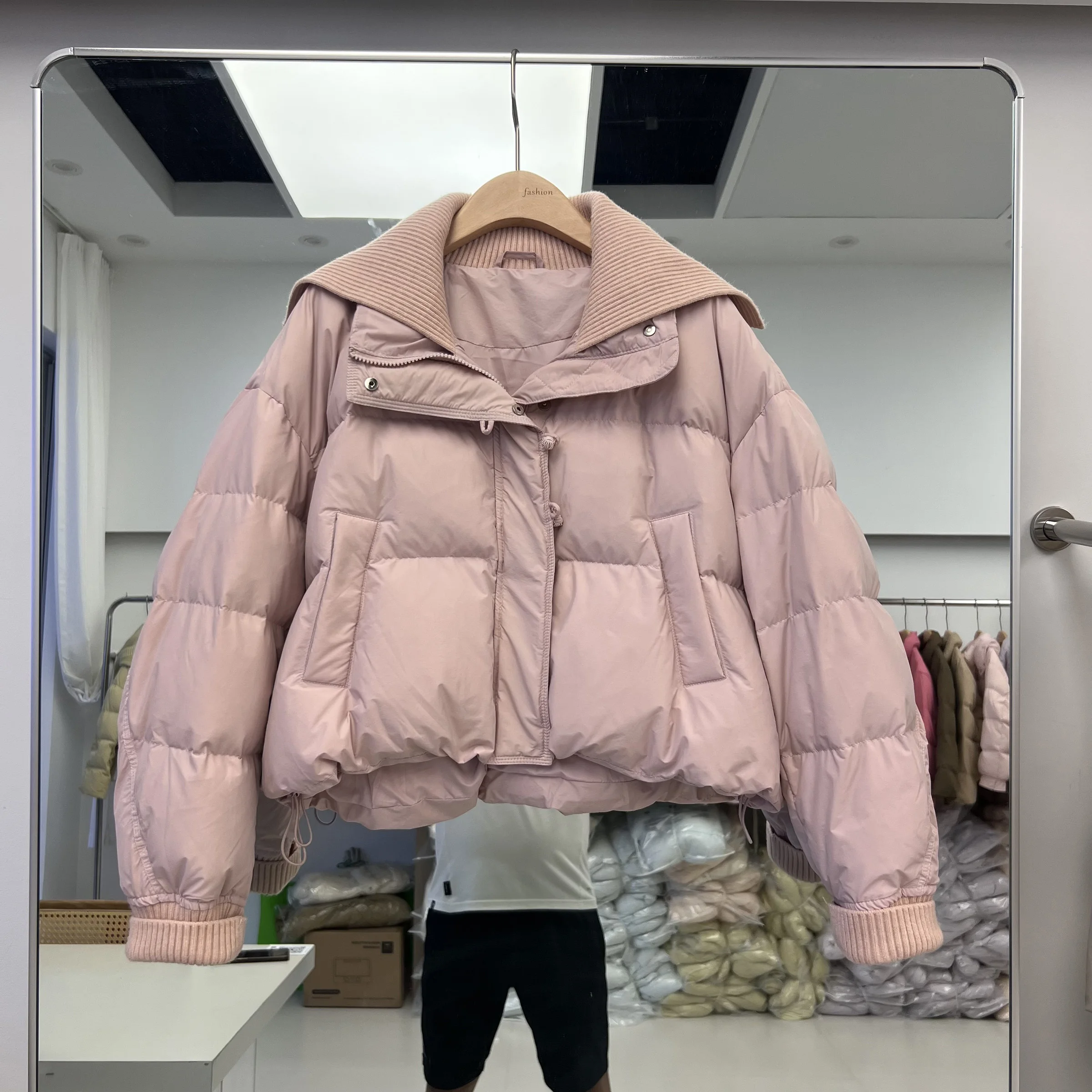 Winter New Women's Down Jacket Fashion Short Knitted Turn Down Collar Splicing White Duck Down Coats Korean Loose Outerwear