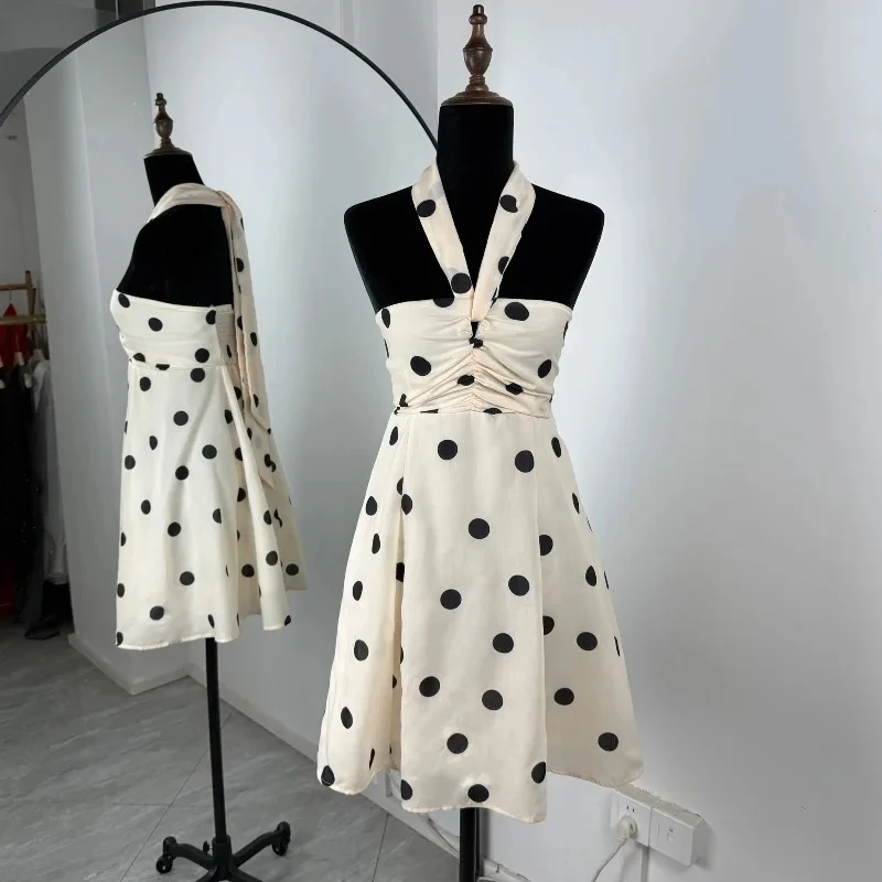 Polka dot halter mini vestido feminino dupla camada rendas até sem costas boho vestidos femininos vestido impresso para praia férias vestidos