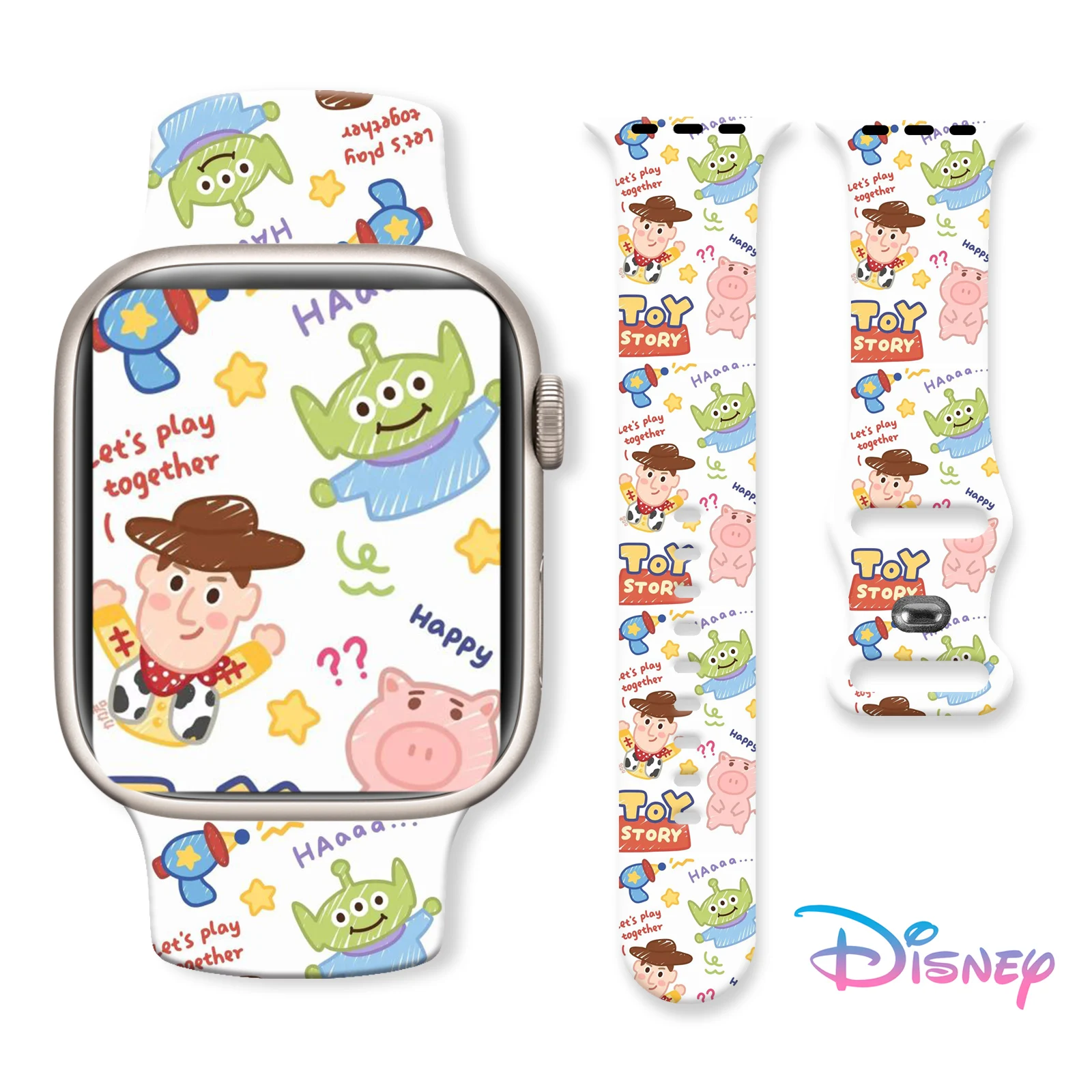 Pulseira impressa Disney Toy Story para Apple Watch, pulseira esportiva de silicone, pulseira substituível para iWatch, 9, 8, 7, SE, 45mm, 44mm, 42mm, 41mm