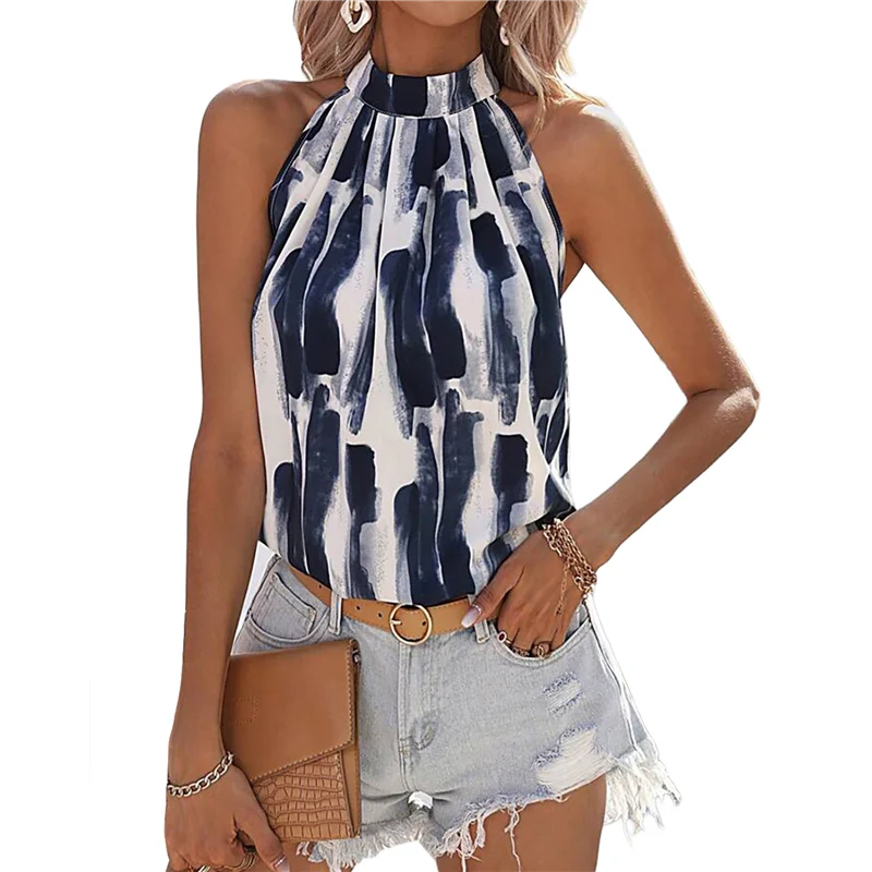 

【SEE】Women's Striped Print Halter Sleeveless Cut Out Back Summer Top