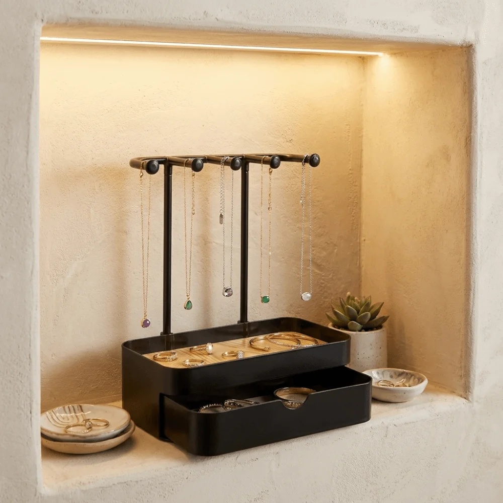Portable Jewelry Display Holder Double Layer with Drawer Box Jewelry Organizer Vintage Durable Jewelry Storage Rack Desktop Use