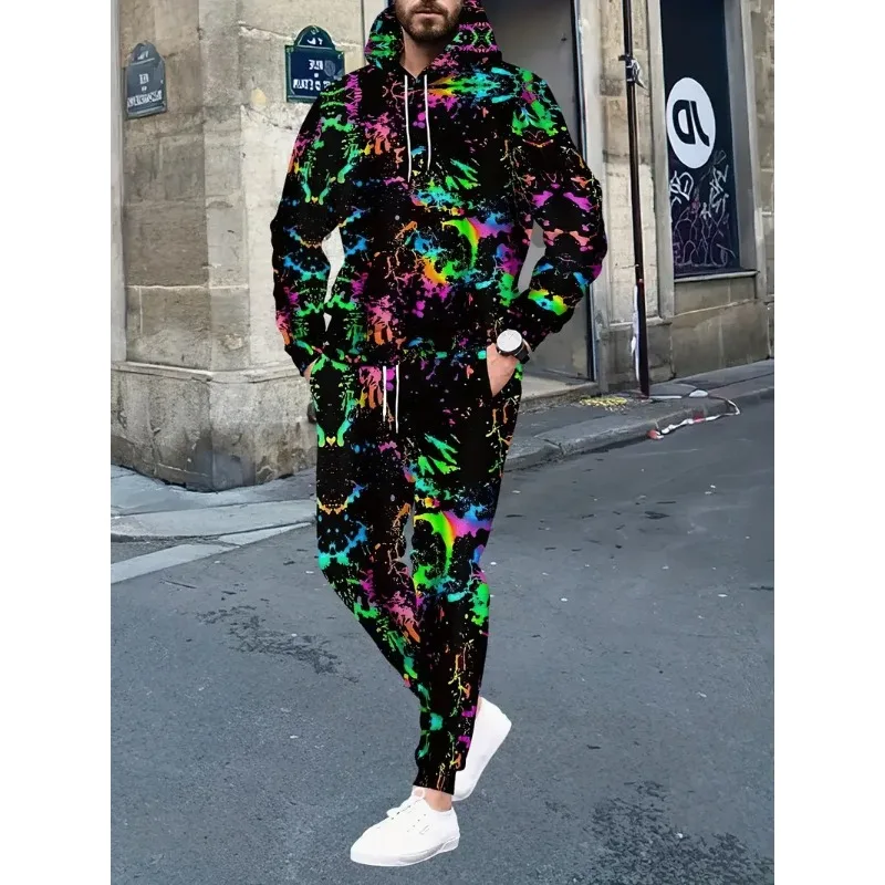 2025 الخريف/الشتاء الرجال والنساء الإبداعية ثلاثية الأبعاد الملونة قوس قزح السماء المطبوعة الرياضة سوبر كبير هوديي فستان أطفال مع سروال داخلي #6