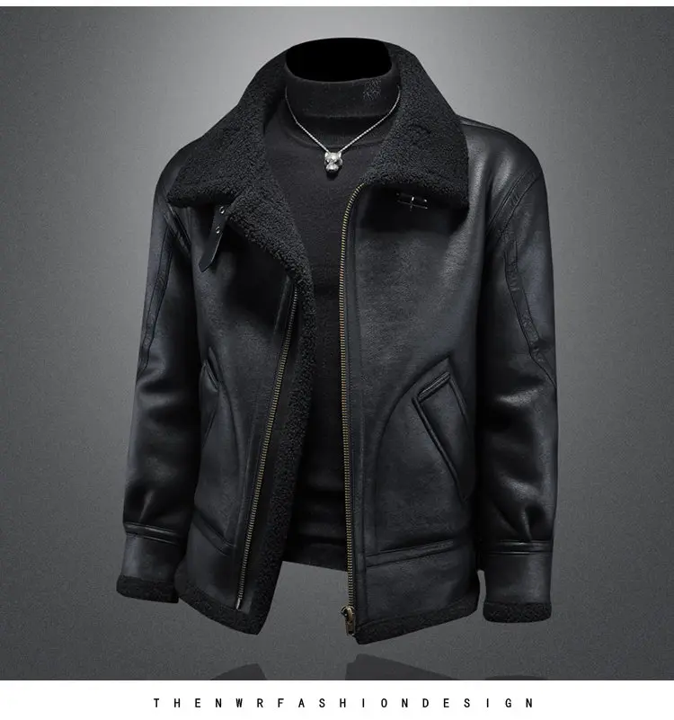 

2025 Men's New Winter Fashionable Leather Fur Jacket Casual Warm Stand Collar Zipper Closure Long Sleeve Outerwear