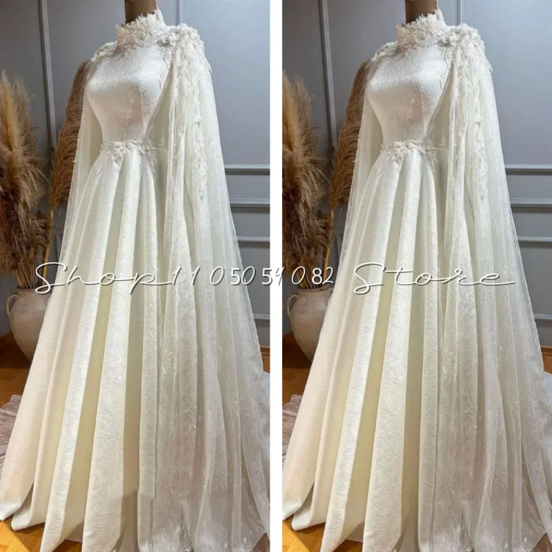 Customized Muslim White Elegant Bridal Gowns Lace Embellished Sparkling A-Line Shawl Dubai Wedding Dresses vestido de novia
